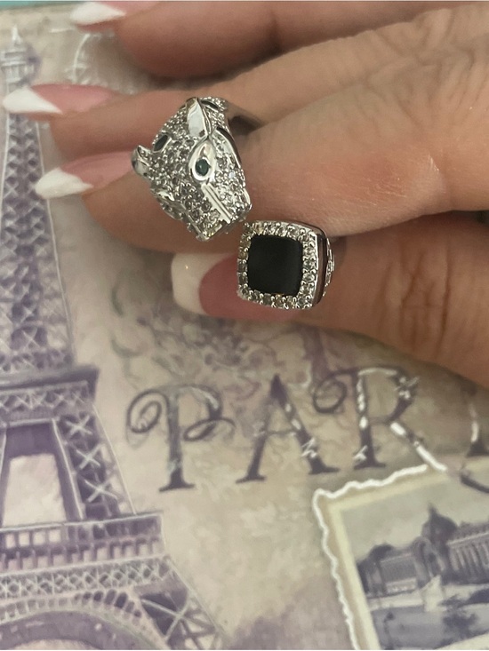 Jewelry - Sterling Silver Black Onyx Cubic Zirconia Animal Head Open Ring
